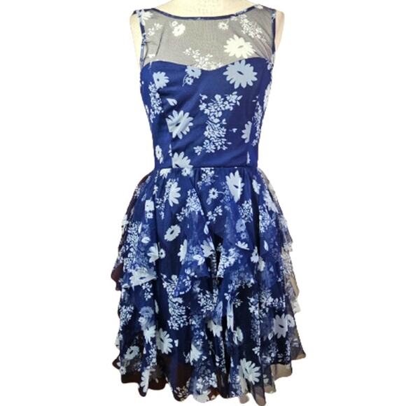 Blue Floral Mesh & Ruffled Mini Dress Size 5 - Picture 1 of 4
